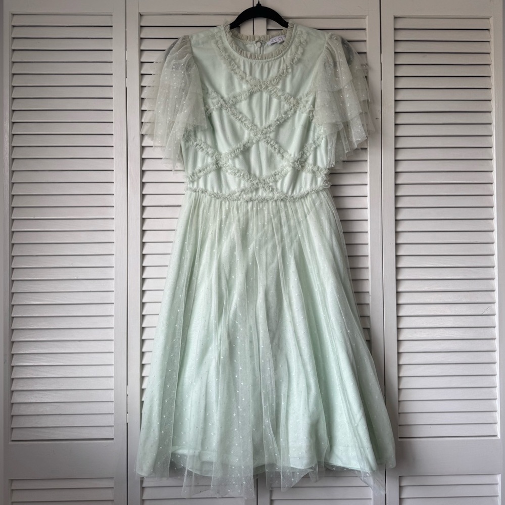 Ivy City Co Mint Green Tulle Puff Sleeve Midi Dress